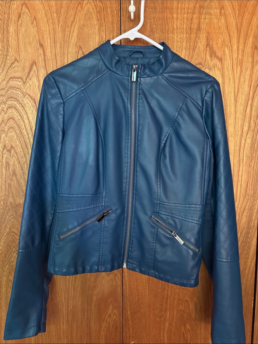 New York & Company Blue Faux Leather Zip-Front Jacket